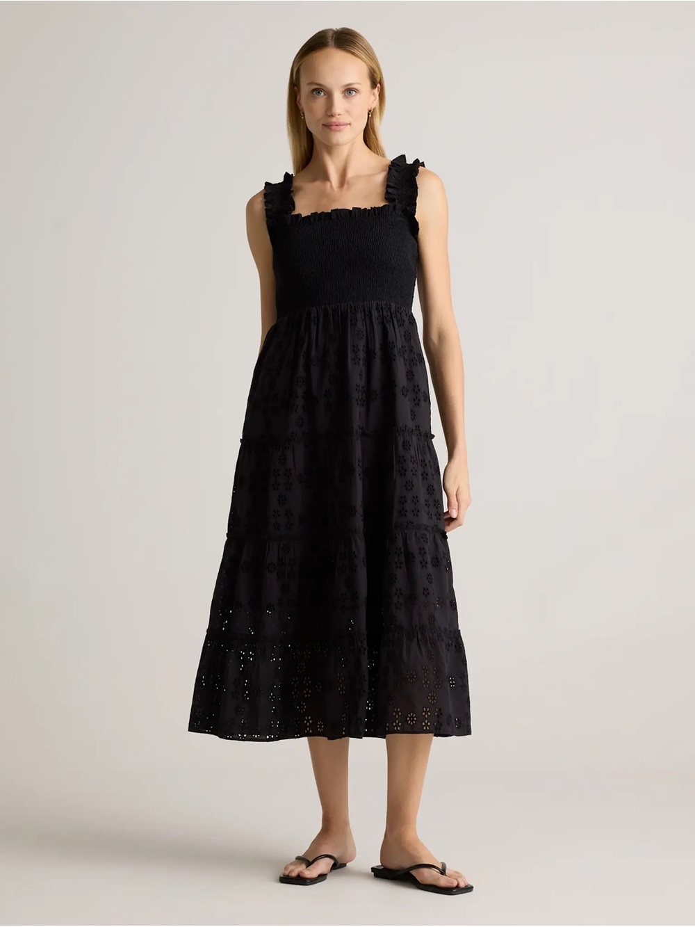 Quince Black Smocked Eyelet Midi Dress with Ruffled Straps